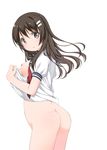  ass blush bottomless breasts brown_eyes brown_hair from_behind hair_ornament hairclip hairpin highres long_hair looking_back medium_breasts niimi_haruka_(photokano) nipples no_bra open_clothes open_mouth open_shirt photokano school_uniform serafuku shirt shirt_lift shouji_ayumu solo 