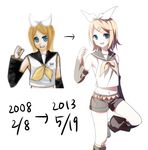  artist_progress bad_id bad_pixiv_id blonde_hair blue_eyes comparison dated detached_sleeves directional_arrow hair_ornament hair_ribbon hairclip kagamine_rin looking_at_viewer midriff multiple_views navel nishina_(alive001) open_mouth ribbon short_hair shorts vocaloid white_background 