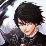  alternate_hair_length alternate_hairstyle bayonetta bayonetta_(character) bayonetta_2 brown_eyes dated earrings glasses jewelry jio_sua lips mole mole_under_mouth short_hair signature smile solo 