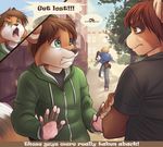  black_nose brown_hair canine claws clothing dialog english_text eye_contact ferret fox green_eyes hair iskra male mammal marten mustelid text yellow_eyes 