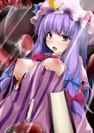  blush book breasts crescent dd_mayohara dress hair_ribbon hat large_breasts long_hair nipples open_mouth patchouli_knowledge purple_eyes purple_hair ribbon solo striped striped_dress tentacles torn_clothes touhou 
