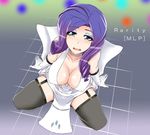  1girl bare_shoulders black_legwear blue_eyes blush breasts character_name cleavage collarbone copyright_name covered_nipples curly_hair diamond dress english eyeliner garter_belt gloves kneeling large_breasts looking_at_viewer makeup my_little_pony my_little_pony_friendship_is_magic nightmare-doom open_mouth personification purple_hair rarity solo thighhighs white_dress zettai_ryouiki 