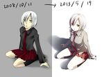  arm_support artist_progress bad_id bad_pixiv_id black_legwear character_request dated directional_arrow highres kneehighs looking_at_viewer necktie nishina_(alive001) original pleated_skirt school_uniform seiza shadow short_hair sitting skirt solo white_hair 