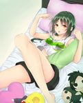  bed blush character_doll green_eyes green_hair hair_ornament hairclip heart idolmaster idolmaster_cinderella_girls long_hair lying master_trainer open_mouth p-head_producer pillow ponytail producer_(idolmaster) rookie_trainer short_sleeves shorts solo trainer_(idolmaster) veteran_trainer wakpe yellow_eyes 