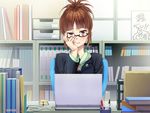  akizuki_ritsuko amami_haruka book bookshelf brown_eyes business computer folded_ponytail formal glasses idolmaster idolmaster_(classic) laptop long_sleeves nanaran orange_hair pen ruler short_hair solo suit window 