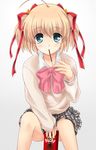  bad_id bad_pixiv_id blonde_hair bow food green_eyes kamikita_komari little_busters! long_hair ogakuzu_(ogkzzz) pink_bow pocky school_uniform short_hair sitting 