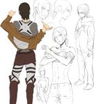  abs character_sheet dressing freckles hair_down hand_on_own_chest jacket knife pants paradis_military_uniform partially_colored profile shingeki_no_kyojin short_hair three-dimensional_maneuver_gear topless umi_zenbiraki undressing ymir_(shingeki_no_kyojin) younger 