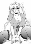  1girl black_legwear blonde_hair blue_eyes blush breasts choker cleavage large_breasts long_hair looking_at_viewer miniskirt monochrome sekirei simple_background skirt solo thighhighs tsukiumi twintails white_background zettai_ryouiki 