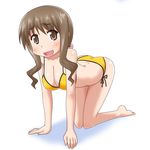  :d all_fours barefoot bikini blush body_blush breasts brown_eyes brown_hair cleavage goriate hanging_breasts large_breasts long_hair looking_at_viewer matsumoto_yoriko mature open_mouth shiny shiny_skin side-tie_bikini sidelocks smile solo swimsuit yuyushiki 