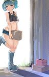  bad_id bad_pixiv_id blue_eyes blue_hair boots box breasts carrying crows-bmc denim denim_shorts groin hair_bobbles hair_ornament highres jewelry kawashiro_nitori key medium_breasts midriff navel necklace pendant short_shorts shorts solo tank_top touhou two_side_up underboob 