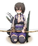 archery armor arrow black_hair black_legwear blush bow_(weapon) breasts brown_eyes cleavage damaged dirty gloves kaga_(kantai_collection) kantai_collection kyuudou large_breasts muneate ninjunker nose_blush partly_fingerless_gloves quiver scratches seiza side_ponytail single_glove sitting solo sweatdrop thighhighs torn_clothes torn_legwear weapon yugake 