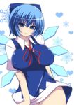  alternate_breast_size blue_eyes blue_hair blue_skirt bow breasts cirno collared_shirt covered_nipples dress dress_tug hair_bow heart ice ice_wings large_breasts looking_at_viewer masiromu older puffy_sleeves shirt short_sleeves skirt smile solo touhou wings 
