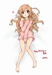  aisaka_taiga bare_shoulders barefoot blush brown_eyes brown_hair covering covering_crotch dakimakura full_body heart highres linjie long_hair no_pants off-shoulder_sweater on_bed shirt_tug sleeves_past_wrists solo sweater toradora! 