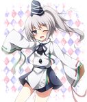  argyle argyle_background creta_(taku10) grey_eyes hat hat_ribbon long_sleeves mononobe_no_futo one_eye_closed open_mouth ponytail ribbon shirt silver_hair skirt smile solo touhou wide_sleeves 