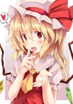  ascot blonde_hair blush cum cum_in_mouth cum_on_body cum_on_upper_body facial flandre_scarlet hat heart long_hair red_eyes side_ponytail solo spoken_heart tasuki_seiichi tongue touhou upper_body wings 