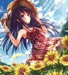  black_hair blush brown_eyes day dress flower hands_on_headwear hat long_hair original outdoors plaid plaid_dress solo sun_hat sundress sunflower yasuno_(airy_light) 