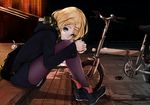  bad_id bad_pixiv_id bag bicycle blonde_hair blue_eyes can casual coat folding_bicycle ground_vehicle hair_ornament hairclip kagamine_rin leg_hug mille_(dieci) pantyhose scarf short_hair sitting solo vocaloid 