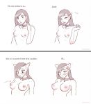  2018 animal_humanoid big_breasts blush breast_expansion breasts canine canine_humanoid chest_tuft collar comic dialogue dog dog_humanoid embarrassed female hair human_to_humanoid humanoid long_hair mammal nipples nude solo strawberrytfs surprise transformation tuft 