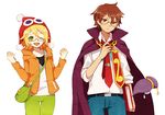  1girl amitie_(puyopuyo) bag bel_(pokemon) bel_(pokemon)_(cosplay) blonde_hair brown_hair cape chain cheren_(pokemon) cheren_(pokemon)_(cosplay) cosplay glasses green_eyes handbag hat jacket kei-chan_(atlas_kei) klug_(puyopuyo) look-alike necktie one_eye_closed pants pokemon pokemon_(game) pokemon_bw puyopuyo puyopuyo_fever red_eyes shirt short_hair smile strange_klug white_background 