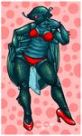  arthropod beetle bikini bra female fishnet hand_on_hip hand_on_leg high_heels insect legwear lipstick multi_limb multiple_arms panties polka_dots seel_kaiser solo stockings swimsuit thick_thighs underwear wide_hips wings 