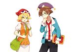  1girl alternate_headwear amitie_(puyopuyo) bag bel_(pokemon) bel_(pokemon)_(cosplay) blonde_hair bracelet brown_hair cheren_(pokemon) cheren_(pokemon)_(cosplay) cosplay glasses green_eyes handbag hat jacket jewelry kei-chan_(atlas_kei) klug_(puyopuyo) look-alike pants pokemon pokemon_(game) pokemon_bw puyopuyo puyopuyo_fever short_hair skirt white_background white_skirt 