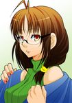  akizuki_ritsuko antenna_hair brown_eyes brown_hair glasses gradient gradient_background idolmaster idolmaster_(classic) nikukai shawl short_hair sleeveless solo 