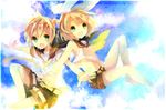  1girl blonde_hair brother_and_sister green_eyes inaresi kagamine_len kagamine_rin midriff shorts siblings vocaloid 