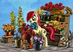  bench bunnies cutie_mark equine female feral flower friendship_is_magic hair harwick hiding horse lagomorph long_hair looking_at_viewer mammal my_little_pony open_mouth outside paws planters plants pony rabbit rabbits red_hair rose rose_(mlp) smile toes two_tone_hair wood 