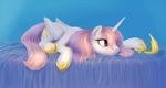  bed blue_background brown_eyes crown cutie_mark equine female feral friendship_is_magic hair hi_res horn horse jewelry lying mammal my_little_pony on_front pink_hair plain_background pony princess princess_celestia_(mlp) royalty shoes sokolas solo winged_unicorn wings 