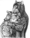  clothing cougar duo ear_piercing feline hair hug lion long_hair male mammal monochrome norve piercing rat ratte ring rodent shirt sweater tycho 