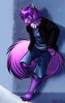  anthro claws clothing fur hair jacket leaning male mammal pink_eyes purple_fur purple_hair ratte rodent rsyk shirt shorts solo squirrel 