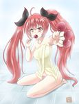  candy date_a_live food groin highres itsuka_kotori lollipop long_hair naked_towel open_mouth patty_(artist) red_eyes red_hair solo towel twintails 