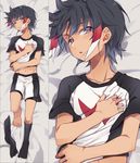  bad_id bad_pixiv_id blush dakimakura hair_ornament inazuma_eleven_(series) inazuma_eleven_go jaenbba lying male_focus multiple_views navel no_shoes on_back open_mouth shuu_(inazuma_eleven) single_sock soccer_uniform socks sportswear zero_(inazuma_eleven) 