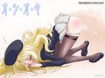  all_fours ass bad_id bad_pixiv_id beret black_legwear blonde_hair blue_eyes blush frenda_seivelun ginko_(silver_fox) hat long_hair panties panty_pull pantyhose pantyhose_pull pee peeing skirt skirt_lift solo thighband_pantyhose to_aru_kagaku_no_railgun to_aru_majutsu_no_index translated underwear white_panties 