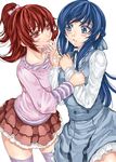  aida_mana blue_eyes blue_hair blush dokidoki!_precure dress finger_in_mouth flipped_hair hair_ribbon half_updo highres hishikawa_rikka kurokoeda long_hair long_sleeves multiple_girls ponytail precure red_eyes red_hair ribbon skirt thighhighs yuri 