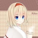  alice_margatroid blonde_hair blue_eyes coffee coffee_mug cup hairband highres kiyomin mug short_hair solo touhou 