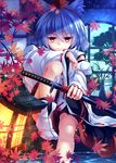  animal_ears detached_sleeves hat inubashiri_momiji lantern leaf maple_leaf red_eyes short_hair sitting smile socks solo sword tail tokin_hat touhou weapon white_hair wolf_ears wolf_tail yasuno_(airy_light) 