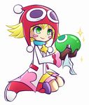  amitie_(puyopuyo) blob blonde_hair blush_stickers boots flipped_hair full_body gloves green_eyes hat jacket knee_boots kneeling pikoguramyu puyo_(puyopuyo) puyopuyo puyopuyo_fever short_hair shorts smile sparkle towel white_background 