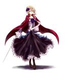  axis_powers_hetalia blonde_hair boots cloak dress flower france_(hetalia) full_body genderswap genderswap_(mtf) hair_flower hair_ornament highres ido_(teketeke) long_hair purple_eyes rapier simple_background solo sword weapon white_background 