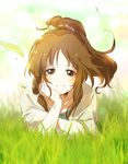  blush brown_eyes brown_hair grass hand_on_own_cheek idolmaster idolmaster_cinderella_girls leaf looking_at_viewer ponytail raku_(famxmej) short_hair short_sleeves smile solo takamori_aiko 