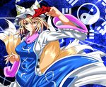  blonde_hair breasts dress fox_tail hat large_breasts multiple_tails ofuda rakku_(10219563) short_hair solo tabard tail touhou yakumo_ran yellow_eyes yin_yang 