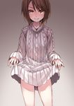  &gt;:) aran_sweater bad_id bad_pixiv_id brown_eyes brown_hair dress dress_lift kinuhata_saiai matsuryuu short_hair smile solo sweater sweater_dress to_aru_majutsu_no_index v-shaped_eyebrows 