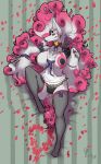  2018 anthro bed bell big_breasts breasts clothing collar digital_media_(artwork) female flower fur hair lavasi legwear looking_at_viewer mammal morgan_(lavasi) nipples plant pussy simple_background smile solo thick_thighs 