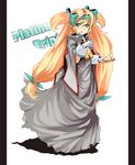  blazblue blonde_hair bow character_name dress gloves green_eyes long_hair looking_at_viewer low-tied_long_hair nellen pillarboxed platinum_the_trinity quad_tails simple_background smile solo two_side_up very_long_hair white_background 