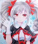 bad_id bad_pixiv_id blue_background breasts cape capelet cyanomirahi drill_hair gloves highres idolmaster idolmaster_cinderella_girls kanzaki_ranko long_hair looking_at_viewer medium_breasts red_eyes red_ribbon ribbon silver_hair simple_background smile solo star twintails waving 