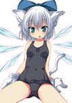  :p animal_ears blue_eyes blush bow cat_ears cat_tail cirno covered_navel gloves hair_bow highres ice ice_wings kemonomimi_mode ma-yu one-piece_swimsuit paw_gloves paws school_swimsuit short_hair silver_hair solo swimsuit tail tongue tongue_out touhou wings 