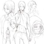  abs character_sheet covering_mouth freckles from_behind hood mask monochrome shingeki_no_kyojin short_hair smirk umi_zenbiraki ymir_(shingeki_no_kyojin) 