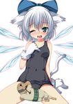  1girl animal_ears blue_eyes blush bow breath cat_ears cat_tail cirno fang gloves hair_bow highres ice ice_wings kemonomimi_mode ma-yu one-piece_swimsuit one_eye_closed open_mouth paw_gloves paws school_swimsuit short_hair silver_hair swimsuit tail touhou wings 