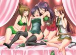  ^_^ bao_sanniang bare_legs bare_shoulders barefoot black_hair black_legwear blush bra breasts brown_hair cleavage closed_eyes facial_mark feet forehead_mark gloves gloves_removed green_eyes guan_yinping hug long_hair medium_breasts midriff multiple_girls navel one_eye_closed shin_sangoku_musou shin_sangoku_musou_7 shiny shiny_skin short_hair skirt smile thighhighs underwear xing_cai yamamoto_arifred yue_ying 