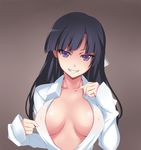  black_hair breasts brown_background cleavage fangs grin hevn kakumeiki_valvrave large_breasts long_hair nipples open_clothes open_shirt purple_eyes rukino_saki see-through shirt simple_background smile solo spoilers 